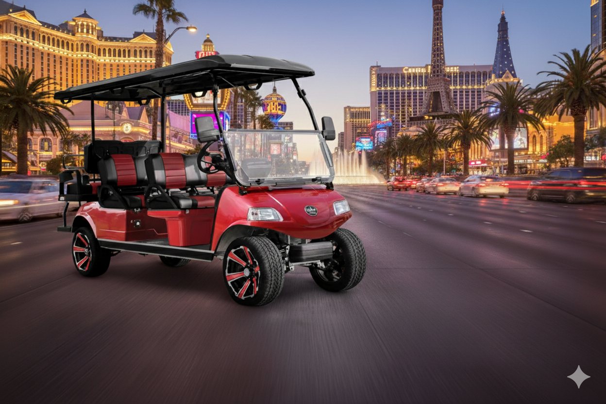 Red Bright EV golf cart cruising the Las Vegas Strip at dusk